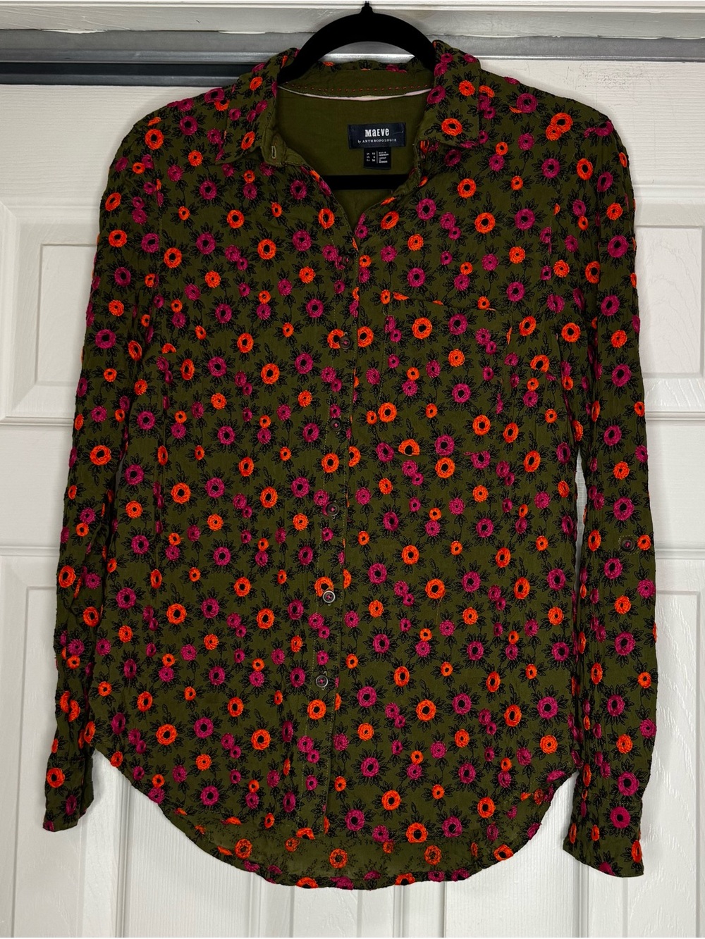 Maeve Olive Green Pink and Orange Floral Embroidered Button Up Blouse - Size 6 - Picture 3 of 6